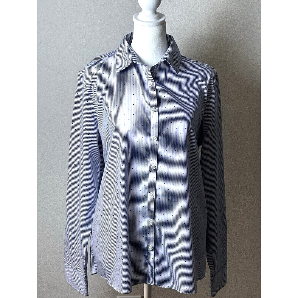 Lands' End‎ Women's Navy and White Non-Iron Supima Blouse Size 12